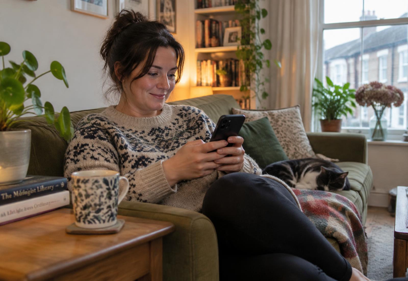Someone relaxing at home on their phone